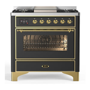 ILVE Majestic III 36-Inch Dual Fuel Range with 6 Sealed Burners + Griddle, 3.5 cu. ft. Oven, Matte Graphite with Brass Trim, Liquid Propane, Triple Glass Door, UM36FNR3MGGLP