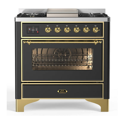 ILVE Majestic III 36-Inch Dual Fuel Range with 6 Sealed Burners + Griddle, 3.5 cu. ft. Oven, Matte Graphite with Brass Trim, Liquid Propane, Triple Glass Door, UM36FNR3MGGLP