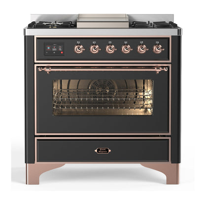 ILVE Majestic III 36-Inch Dual Fuel Range with 6 Sealed Burners + Griddle, 3.5 cu. ft. Oven, Matte Graphite with Copper Trim, Liquid Propane, Triple Glass Door, UM36FNR3MGPLP