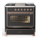 ILVE Majestic III 36-Inch Dual Fuel Range with 6 Sealed Burners + Griddle, 3.5 cu. ft. Oven, Matte Graphite with Copper Trim, Natural Gas, Triple Glass Door, UM36FNR3MGP