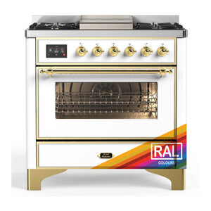 ILVE Majestic III 36-Inch Dual Fuel Range with 6 Sealed Burners + Griddle, 3.5 cu. ft. Oven, RAL with Brass Trim, Natural Gas, Triple Glass Door, UM36FNR3RAG