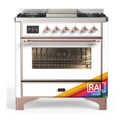 ILVE Majestic III 36-Inch Dual Fuel Range with 6 Sealed Burners + Griddle, 3.5 cu. ft. Oven, RAL with Copper Trim, Natural Gas, Triple Glass Door, UM36FNR3RAP