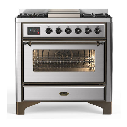 ILVE Majestic III 36-Inch Dual Fuel Range with 6 Sealed Burners + Griddle, 3.5 cu. ft. Oven, Stainless Steel with Burnished Trim, Natural Gas, Triple Glass Door, UM36FNR3SSB