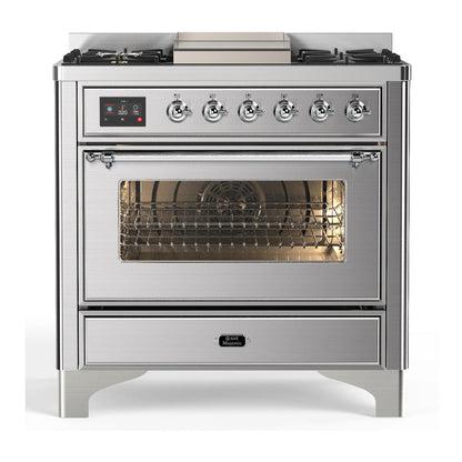 ILVE Majestic III 36-Inch Dual Fuel Range with 6 Sealed Burners + Griddle, 3.5 cu. ft. Oven, Stainless Steel with Chrome Trim, Liquid Propane, Triple Glass Door, UM36FNR3SSCLP