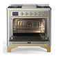 ILVE Majestic III 36-Inch Dual Fuel Range with 6 Sealed Burners + Griddle, 3.5 cu. ft. Oven, Stainless Steel with Brass Trim, Liquid Propane, Triple Glass Door, UM36FNR3SSGLP