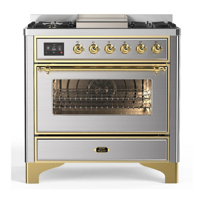 ILVE Majestic III 36-Inch Dual Fuel Range with 6 Sealed Burners + Griddle, 3.5 cu. ft. Oven, Stainless Steel with Brass Trim, Liquid Propane, Triple Glass Door, UM36FNR3SSGLP