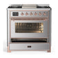 ILVE Majestic III 36-Inch Dual Fuel Range with 6 Sealed Burners + Griddle, 3.5 cu. ft. Oven, Stainless Steel with Copper Trim, Liquid Propane, Triple Glass Door, UM36FNR3SSPLP