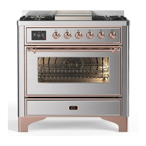 ILVE Majestic III 36-Inch Dual Fuel Range with 6 Sealed Burners + Griddle, 3.5 cu. ft. Oven, Stainless Steel with Copper Trim, Natural Gas, Triple Glass Door, UM36FNR3SSP