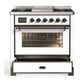 ILVE Majestic III 36-Inch Dual Fuel Range with 6 Sealed Burners + Griddle, 3.5 cu. ft. Oven, White with Burnished Trim, Liquid Propane, Triple Glass Door, UM36FNR3WHBLP