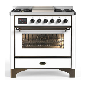 ILVE Majestic III 36-Inch Dual Fuel Range with 6 Sealed Burners + Griddle, 3.5 cu. ft. Oven, White with Burnished Trim, Liquid Propane, Triple Glass Door, UM36FNR3WHBLP