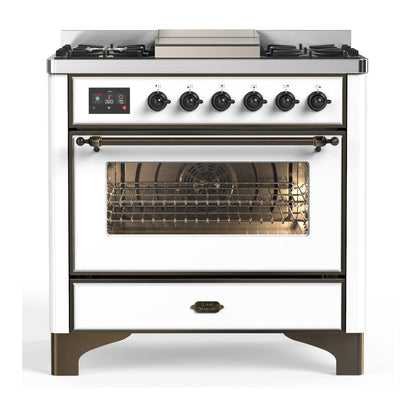 ILVE Majestic III 36-Inch Dual Fuel Range with 6 Sealed Burners + Griddle, 3.5 cu. ft. Oven, White with Burnished Trim, Natural Gas, Triple Glass Door, UM36FNR3WHB