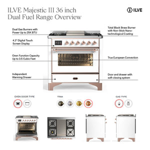 ILVE Majestic III 36-Inch Dual Fuel Range with 6 Sealed Burners + Griddle, 3.5 cu. ft. Oven, White with Chrome Trim, Liquid Propane, Triple Glass Door, UM36FNR3WHCLP