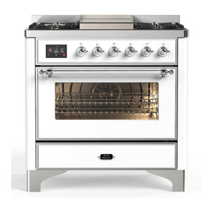 ILVE Majestic III 36-Inch Dual Fuel Range with 6 Sealed Burners + Griddle, 3.5 cu. ft. Oven, White with Chrome Trim, Liquid Propane, Triple Glass Door, UM36FNR3WHCLP