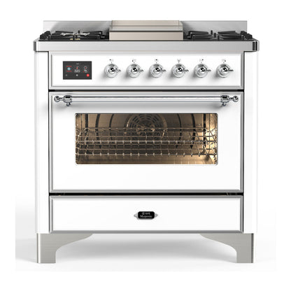 ILVE Majestic III 36-Inch Dual Fuel Range with 6 Sealed Burners + Griddle, 3.5 cu. ft. Oven, White with Chrome Trim, Liquid Propane, Triple Glass Door, UM36FNR3WHCLP