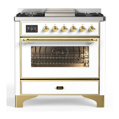 ILVE Majestic III 36-Inch Dual Fuel Range with 6 Sealed Burners + Griddle, 3.5 cu. ft. Oven, White with Brass Trim, Liquid Propane, Triple Glass Door, UM36FNR3WHGLP