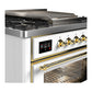 ILVE Majestic III 36-Inch Dual Fuel Range with 6 Sealed Burners + Griddle, 3.5 cu. ft. Oven, White with Brass Trim, Natural Gas, Triple Glass Door, UM36FNR3WHG