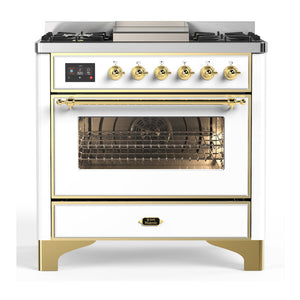 ILVE Majestic III 36-Inch Dual Fuel Range with 6 Sealed Burners + Griddle, 3.5 cu. ft. Oven, White with Brass Trim, Natural Gas, Triple Glass Door, UM36FNR3WHG