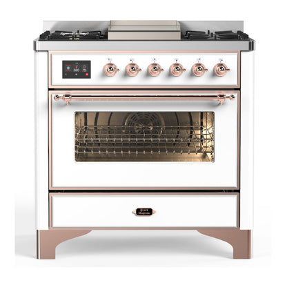ILVE Majestic III 36-Inch Dual Fuel Range with 6 Sealed Burners + Griddle, 3.5 cu. ft. Oven, White with Copper Trim, Natural Gas, Triple Glass Door, UM36FNR3WHP