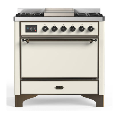 ILVE Majestic III 36-Inch Dual Fuel Range with 6 Sealed Burners + Griddle, 3.5 cu. ft. Oven, Antique White with Burnished Trim, Liquid Propane, Solid Door, UM36FQNR3AWBLP