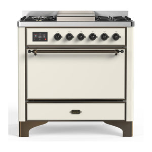 ILVE Majestic III 36-Inch Dual Fuel Range with 6 Sealed Burners + Griddle, 3.5 cu. ft. Oven, Antique White with Burnished Trim, Natural Gas, Solid Door, UM36FQNR3AWB