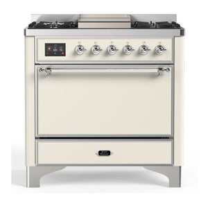 ILVE Majestic III 36-Inch Dual Fuel Range with 6 Sealed Burners + Griddle, 3.5 cu. ft. Oven, Antique White with Chrome Trim, Liquid Propane, Solid Door, UM36FQNR3AWCLP