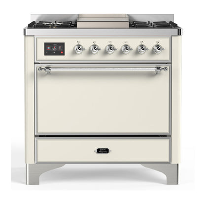 ILVE Majestic III 36-Inch Dual Fuel Range with 6 Sealed Burners + Griddle, 3.5 cu. ft. Oven, Antique White with Chrome Trim, Natural Gas, Solid Door, UM36FQNR3AWC