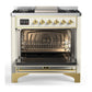 ILVE Majestic III 36-Inch Dual Fuel Range with 6 Sealed Burners + Griddle, 3.5 cu. ft. Oven, Antique White with Brass Trim, Natural Gas, Solid Door, UM36FQNR3AWG