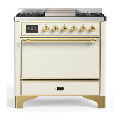 ILVE Majestic III 36-Inch Dual Fuel Range with 6 Sealed Burners + Griddle, 3.5 cu. ft. Oven, Antique White with Brass Trim, Natural Gas, Solid Door, UM36FQNR3AWG