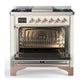 ILVE Majestic III 36-Inch Dual Fuel Range with 6 Sealed Burners + Griddle, 3.5 cu. ft. Oven, Antique White with Copper Trim, Natural Gas, Solid Door, UM36FQNR3AWP