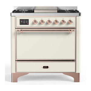 ILVE Majestic III 36-Inch Dual Fuel Range with 6 Sealed Burners + Griddle, 3.5 cu. ft. Oven, Antique White with Copper Trim, Natural Gas, Solid Door, UM36FQNR3AWP