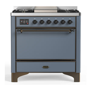 ILVE Majestic III 36-Inch Dual Fuel Range with 6 Sealed Burners + Griddle, 3.5 cu. ft. Oven, Blue Grey with Burnished Trim, Liquid Propane, Solid Door, UM36FQNR3BGBLP