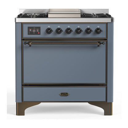 ILVE Majestic III 36-Inch Dual Fuel Range with 6 Sealed Burners + Griddle, 3.5 cu. ft. Oven, Blue Grey with Burnished Trim, Natural Gas, Solid Door, UM36FQNR3BGB
