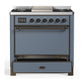 ILVE Majestic III 36-Inch Dual Fuel Range with 6 Sealed Burners + Griddle, 3.5 cu. ft. Oven, Blue Grey with Burnished Trim, Natural Gas, Solid Door, UM36FQNR3BGB