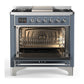 ILVE Majestic III 36-Inch Dual Fuel Range with 6 Sealed Burners + Griddle, 3.5 cu. ft. Oven, Blue Grey with Chrome Trim, Natural Gas, Solid Door, UM36FQNR3BGC