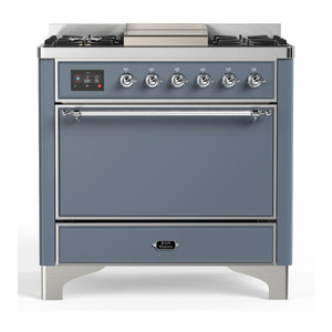 ILVE Majestic III 36-Inch Dual Fuel Range with 6 Sealed Burners + Griddle, 3.5 cu. ft. Oven, Blue Grey with Chrome Trim, Natural Gas, Solid Door, UM36FQNR3BGC