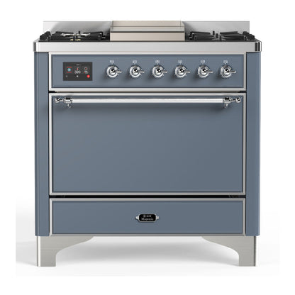 ILVE Majestic III 36-Inch Dual Fuel Range with 6 Sealed Burners + Griddle, 3.5 cu. ft. Oven, Blue Grey with Chrome Trim, Natural Gas, Solid Door, UM36FQNR3BGC