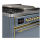 ILVE Majestic III 36-Inch Dual Fuel Range with 6 Sealed Burners + Griddle, 3.5 cu. ft. Oven, Blue Grey with Brass Trim, Natural Gas, Solid Door, UM36FQNR3BGG