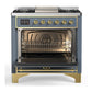 ILVE Majestic III 36-Inch Dual Fuel Range with 6 Sealed Burners + Griddle, 3.5 cu. ft. Oven, Blue Grey with Brass Trim, Natural Gas, Solid Door, UM36FQNR3BGG