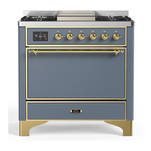 ILVE Majestic III 36-Inch Dual Fuel Range with 6 Sealed Burners + Griddle, 3.5 cu. ft. Oven, Blue Grey with Brass Trim, Natural Gas, Solid Door, UM36FQNR3BGG