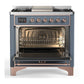 ILVE Majestic III 36-Inch Dual Fuel Range with 6 Sealed Burners + Griddle, 3.5 cu. ft. Oven, Blue Grey with Copper Trim, Liquid Propane, Solid Door, UM36FQNR3BGPLP