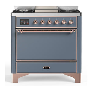 ILVE Majestic III 36-Inch Dual Fuel Range with 6 Sealed Burners + Griddle, 3.5 cu. ft. Oven, Blue Grey with Copper Trim, Liquid Propane, Solid Door, UM36FQNR3BGPLP