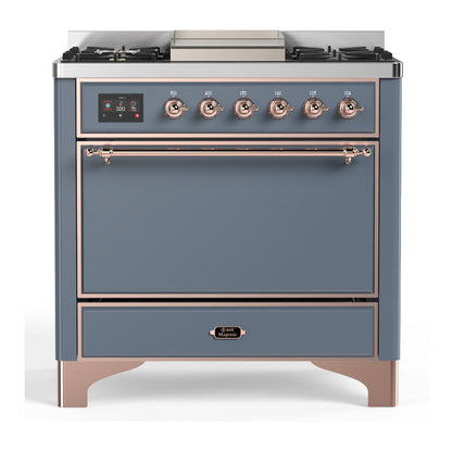 ILVE Majestic III 36-Inch Dual Fuel Range with 6 Sealed Burners + Griddle, 3.5 cu. ft. Oven, Blue Grey with Copper Trim, Liquid Propane, Solid Door, UM36FQNR3BGPLP