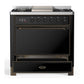 ILVE Majestic III 36-Inch Dual Fuel Range with 6 Sealed Burners + Griddle, 3.5 cu. ft. Oven, Glossy Black with Burnished Trim, Liquid Propane, Solid Door, UM36FQNR3BKBLP