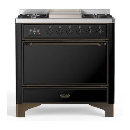 ILVE Majestic III 36-Inch Dual Fuel Range with 6 Sealed Burners + Griddle, 3.5 cu. ft. Oven, Glossy Black with Burnished Trim, Natural Gas, Solid Door, UM36FQNR3BKB