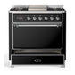 ILVE Majestic III 36-Inch Dual Fuel Range with 6 Sealed Burners + Griddle, 3.5 cu. ft. Oven, Glossy Black with Chrome Trim, Liquid Propane, Solid Door, UM36FQNR3BKCLP