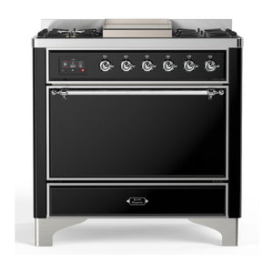 ILVE Majestic III 36-Inch Dual Fuel Range with 6 Sealed Burners + Griddle, 3.5 cu. ft. Oven, Glossy Black with Chrome Trim, Liquid Propane, Solid Door, UM36FQNR3BKCLP