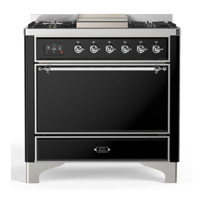 ILVE Majestic III 36-Inch Dual Fuel Range with 6 Sealed Burners + Griddle, 3.5 cu. ft. Oven, Glossy Black with Chrome Trim, Liquid Propane, Solid Door, UM36FQNR3BKCLP