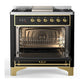ILVE Majestic III 36-Inch Dual Fuel Range with 6 Sealed Burners + Griddle, 3.5 cu. ft. Oven, Glossy Black with Brass Trim, Liquid Propane, Solid Door, UM36FQNR3BKGLP