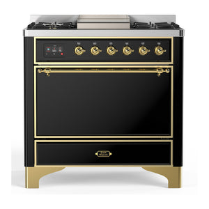 ILVE Majestic III 36-Inch Dual Fuel Range with 6 Sealed Burners + Griddle, 3.5 cu. ft. Oven, Glossy Black with Brass Trim, Liquid Propane, Solid Door, UM36FQNR3BKGLP