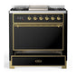 ILVE Majestic III 36-Inch Dual Fuel Range with 6 Sealed Burners + Griddle, 3.5 cu. ft. Oven, Glossy Black with Brass Trim, Natural Gas, Solid Door, UM36FQNR3BKG